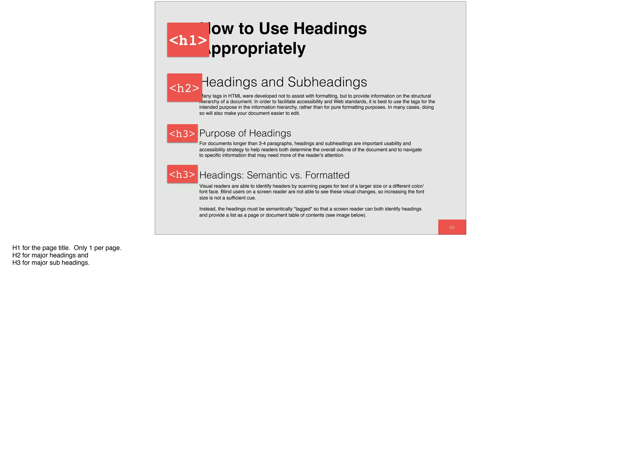 60
Headings and Subheadings
Many tags in HTML were developed not to assist with formatting, but to provide information on the structural
hierarchy of a document. In order to facilitate accessibility and Web standards, it is best to use the tags for the
intended purpose in the information hierarchy, rather than for pure formatting purposes. In many cases, doing
so will also make your document easier to edit.
Purpose of Headings
For documents longer than 3-4 paragraphs, headings and subheadings are important usability and
accessibility strategy to help readers both determine the overall outline of the document and to navigate
to speciﬁc information that may need more of the reader's attention.
How to Use Headings
Appropriately
Headings: Semantic vs. Formatted
Visual readers are able to identify headers by scanning pages for text of a larger size or a different color/
font face. Blind users on a screen reader are not able to see these visual changes, so increasing the font
size is not a sufﬁcient cue.
Instead, the headings must be semantically "tagged" so that a screen reader can both identify headings
and provide a list as a page or document table of contents (see image below).
<h1>
<h2>
<h3>
<h3>
H1 for the page title. Only 1 per page.
H2 for major headings and
H3 for major sub headings.
 