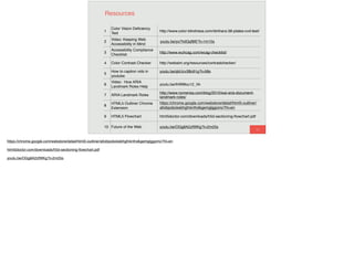 93
Resources
1
Color Vision Deﬁciency
Test
http://www.color-blindness.com/ishihara-38-plates-cvd-test/
2
Video: Keeping Web
Accessibility in Mind
youtu.be/yx7hdQqf8lE?t=1m15s
3
Accessibility Compliance
Checklist:
http://www.wuhcag.com/wcag-checklist/
4 Color Contrast Checker http://webaim.org/resources/contrastchecker/
5
How to caption vids in
youtube
youtu.be/qbUcv3Bc61g?t=58s
6
Video: How ARIA
Landmark Roles Help
Users
youtu.be/IhWMou12_Vk
7 ARIA Landmark Roles
http://www.nomensa.com/blog/2010/wai-aria-document-
landmark-roles/
8
HTML5 Outliner Chrome
Extension
https://chrome.google.com/webstore/detail/html5-outliner/
afoibpobokebhgfnknfndkgemglggomo?hl=en
9 HTML5 Flowchart html5doctor.com/downloads/h5d-sectioning-ﬂowchart.pdf
10 Future of the Web youtu.be/OGg8A2zfWKg?t=2m25s
https://chrome.google.com/webstore/detail/html5-outliner/afoibpobokebhgfnknfndkgemglggomo?hl=en
html5doctor.com/downloads/h5d-sectioning-ﬂowchart.pdf
youtu.be/OGg8A2zfWKg?t=2m25s
 
