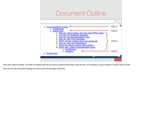76
Document Outline
<h1>
<h2>
<h3>
<h4>
}
looks like a table of contents. This table of contents could then be used by assistive technology to help the user, or be parsed by a search engine to improve search results.
Here you can see how nested headings are used to give this web page a hierarchy.
 