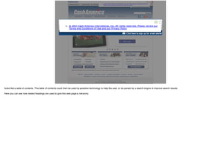 looks like a table of contents. This table of contents could then be used by assistive technology to help the user, or be parsed by a search engine to improve search results.
Here you can see how nested headings are used to give this web page a hierarchy.
 