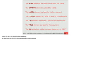 79
The H1-H6 elements are labels for sections that follow
The CAPTION element is a label for TABLE
The LABEL element is a label for the form element
The LEGEND element is a label for a set of form elements
The TH element is a label for a row/column of table cells.
The TITLE element is a label for the document.
The title attribute is a label for many elements e.g. INPUT
source: http://www.w3.org/TR/UAAG10-TECHS/guidelines.html#tech-provide-outline-view
Anything you want in your document outline needs a “label”
http://www.w3.org/TR/UAAG10-TECHS/guidelines.html#tech-provide-outline-view
 