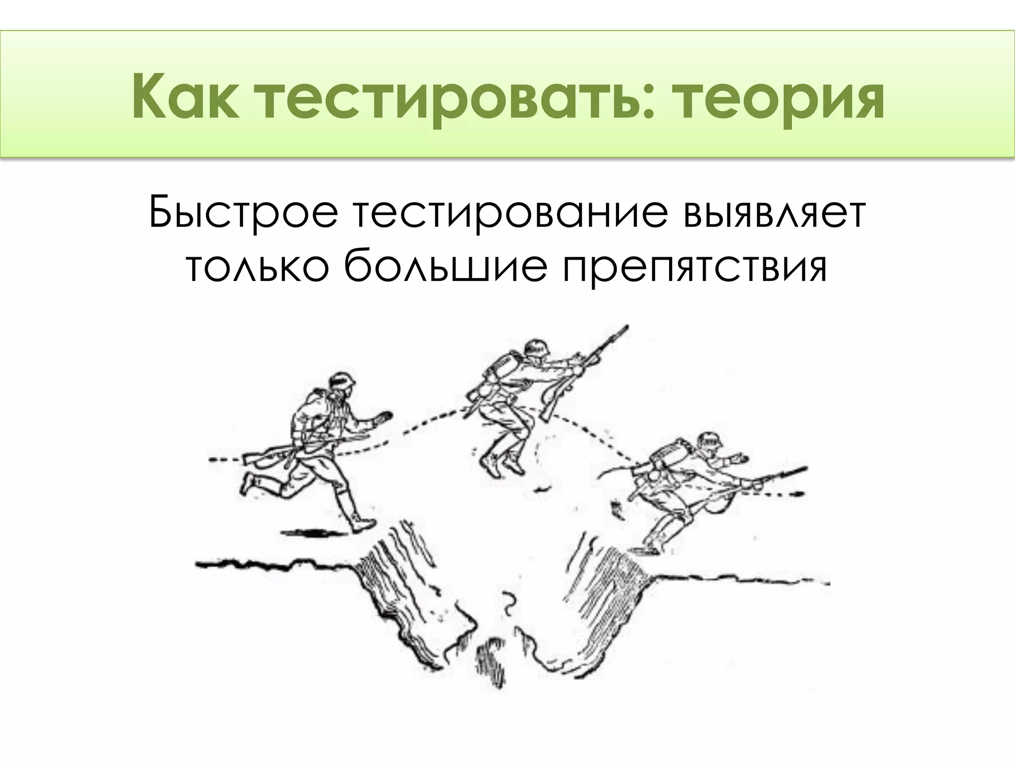 Как тестировать: Теория
    тестировать: теория
Быстрое тестирование выявляет
 только большие препятствия
 