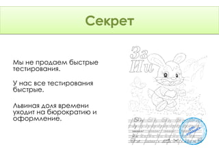 Секрет

Мы не продаем быстрые
тестирования.

У нас все тестирования
быстрые.

Львиная доля времени
уходит на бюрократию и
оформление.
 