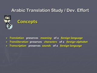 Arabic Translation Study / Dev. Effort

►
►
►

Translation preserves meaning of a foreign language
Transliteration preserves characters of a foreign alphabet
Transcription preserves sounds of a foreign language

 