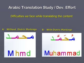 Arabic Translation Study / Dev. Effort
Difficulties we face while translating the content

 