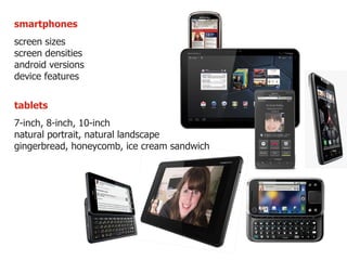 smartphones screen sizes screen densities android versions device features tablets 7-inch, 8-inch, 10-inch natural portrait, natural landscape gingerbread, honeycomb, ice cream sandwich 