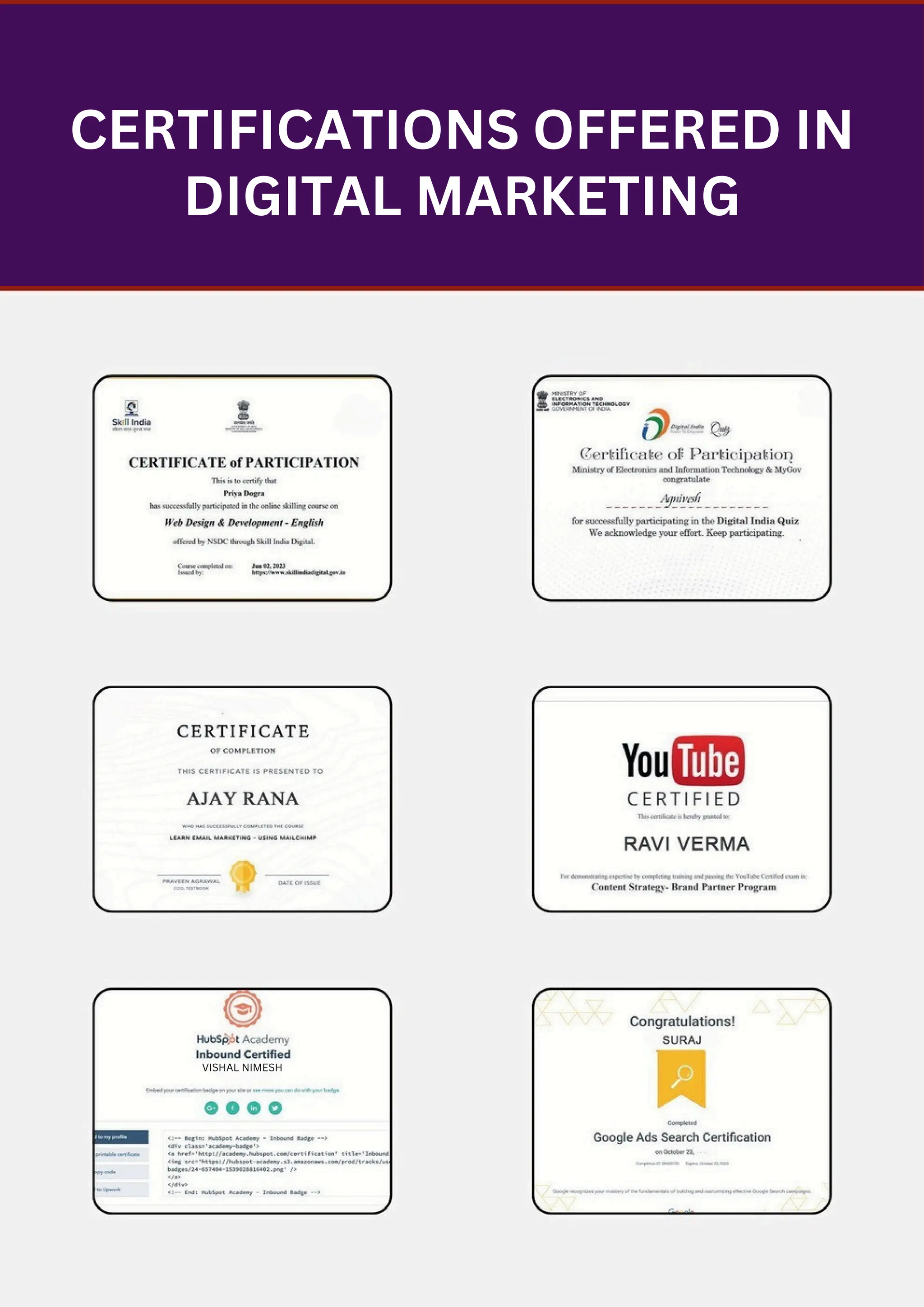 VISHAL NIMESH
CERTIFICATIONS OFFERED IN
DIGITAL MARKETING
 