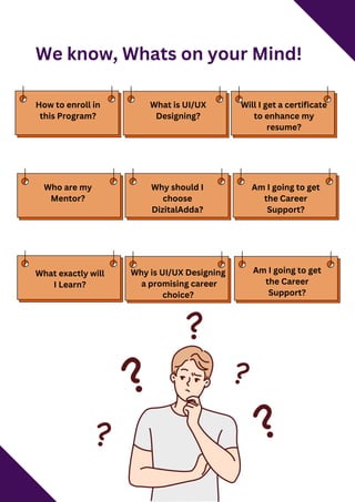 We know, Whats on your Mind!
Who are my
Mentor?
How to enroll in
this Program?
What exactly will
I Learn?
Why should I
choose
DizitalAdda?
What is UI/UX
Designing?
Why is UI/UX Designing
a promising career
choice?
Am I going to get
the Career
Support?
Am I going to get
the Career
Support?
Will I get a certificate
to enhance my
resume?
 