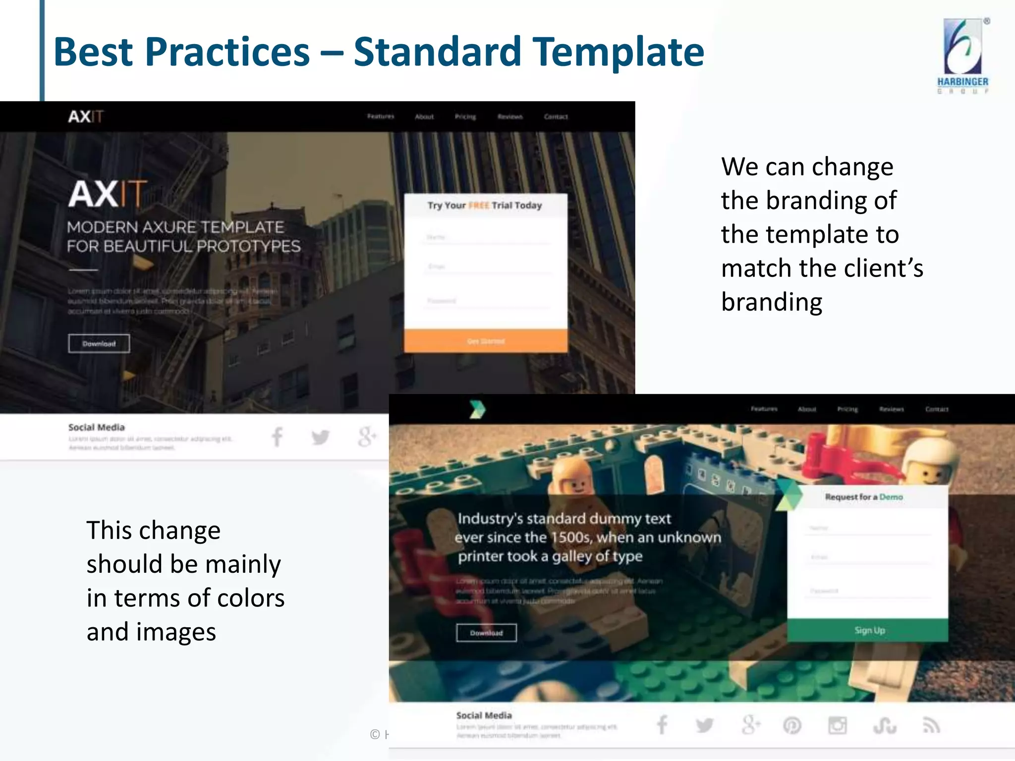 Best Practices – Standard Template
© Harbinger Systems | www.harbinger-systems.com
We can change
the branding of
the template to
match the client’s
branding
This change
should be mainly
in terms of colors
and images
 