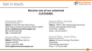 Get in touch.
Become one of our esteemed
CUSTOMER.
Address: IT Park-29/7, Near Power House,
MIDC Ambad, Ambad Industrial Area, Nashik- 422010
Email : sales@eluminoustechnologies.com
Tel :+91 0253 238 2566
USA :+1 646 688 3509
Address: "TAACT”, 502, Pushpamangal Commercial
Complex, Near Babubhai Petrol Pump,
Thane West – 400 601.
Phone : +91 22 21723177
Address: 22 Simei Street 1,#01-16,
Singapore 529 945
Phone : + (65)-9751 4088
Email: sg@eluminoustechnologies.com
Address: 81 General Hertzog, Three Rivers,
Vereeniging,
1929 Gauteng, South Africa.
Phone : + 27 16 423 1893
HQ-Nashik Office Branch Office- Mumbai
Branch Office- Singapore. Branch Office- South Africa.
 
