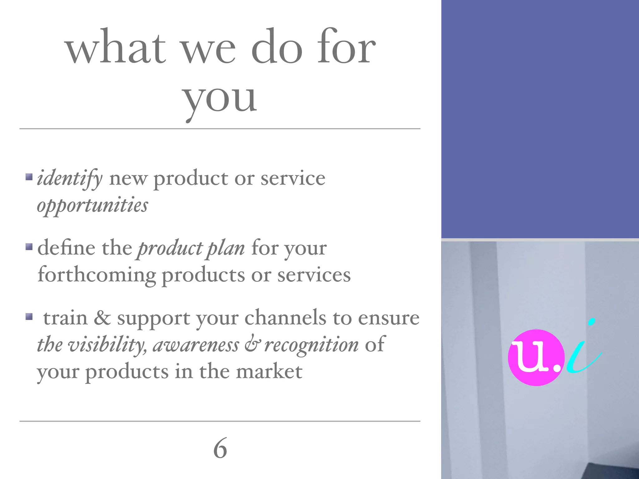 what we do for
       you
identify new product or service
opportunities
deﬁne the product plan for your




                                             u.i
forthcoming products or services
 train & support your channels to ensure
the visibility, awareness & recognition of
your products in the market


                   6
 