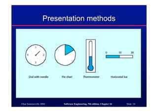 ©Ian Sommerville 2004 Software Engineering, 7th edition. Chapter 16 Slide 24
Presentation methods
 