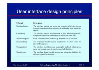 ©Ian Sommerville 2004 Software Engineering, 7th edition. Chapter 16 Slide 7
User interface design principles
Principle Description
User familiarity The interface should use terms and concepts which are drawn
from the experience of the people who will make most use of the
system.
Consistency The interface should be consistent in that, wherever possible,
comparable operations should be activated in the same way.
Minimal surprise Users should never be surprised by the behaviour of a system.
Recoverability The interface should include mechanisms to allow users to
recover from errors.
User guidance The interface should provide meaningful feedback when errors
occur and provide context-sensitive user help facilities.
User diversity The interface should provide appropriate interaction facilities for
different types of system user.
 