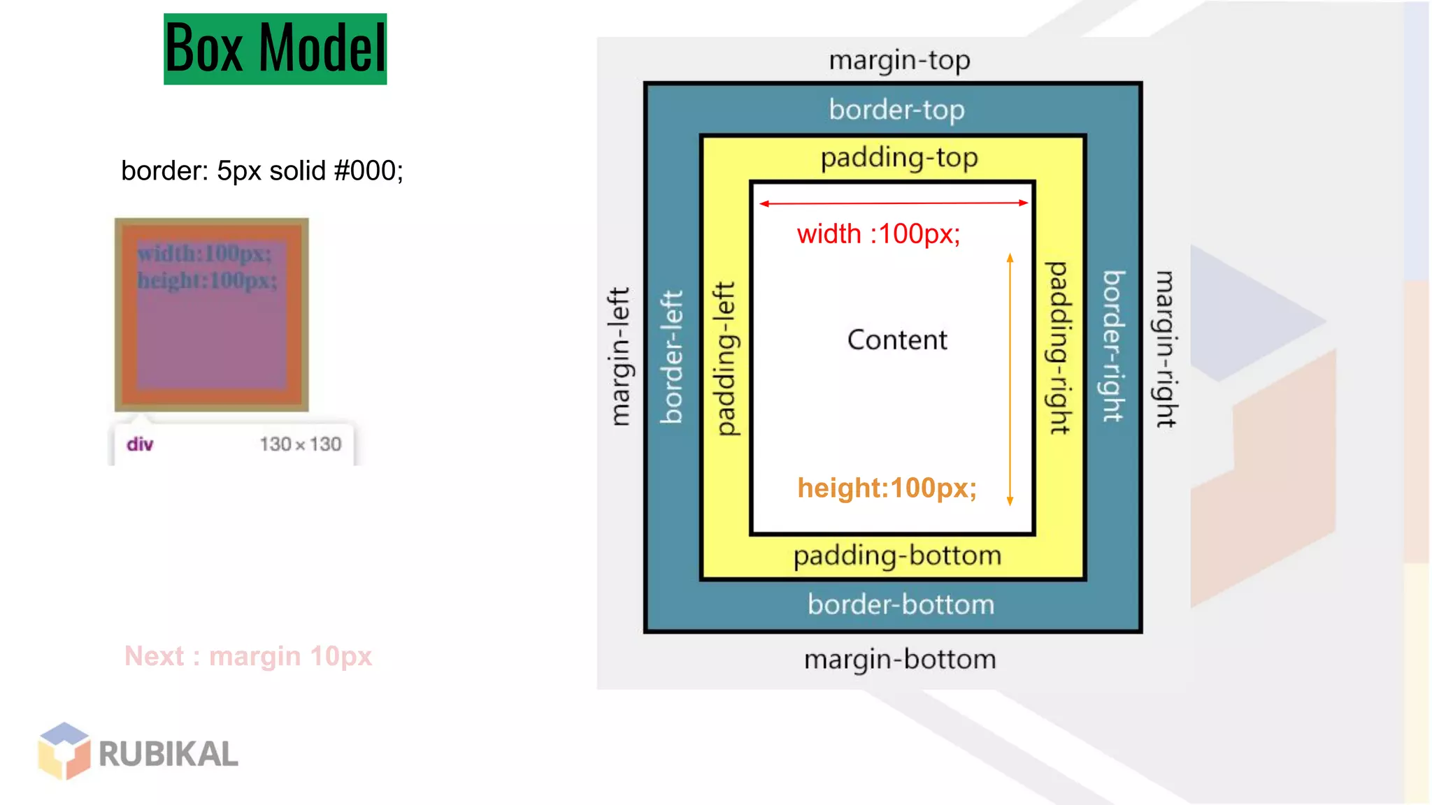 Box Model
border: 5px solid #000;
width :100px;
height:100px;
Next : margin 10px
 