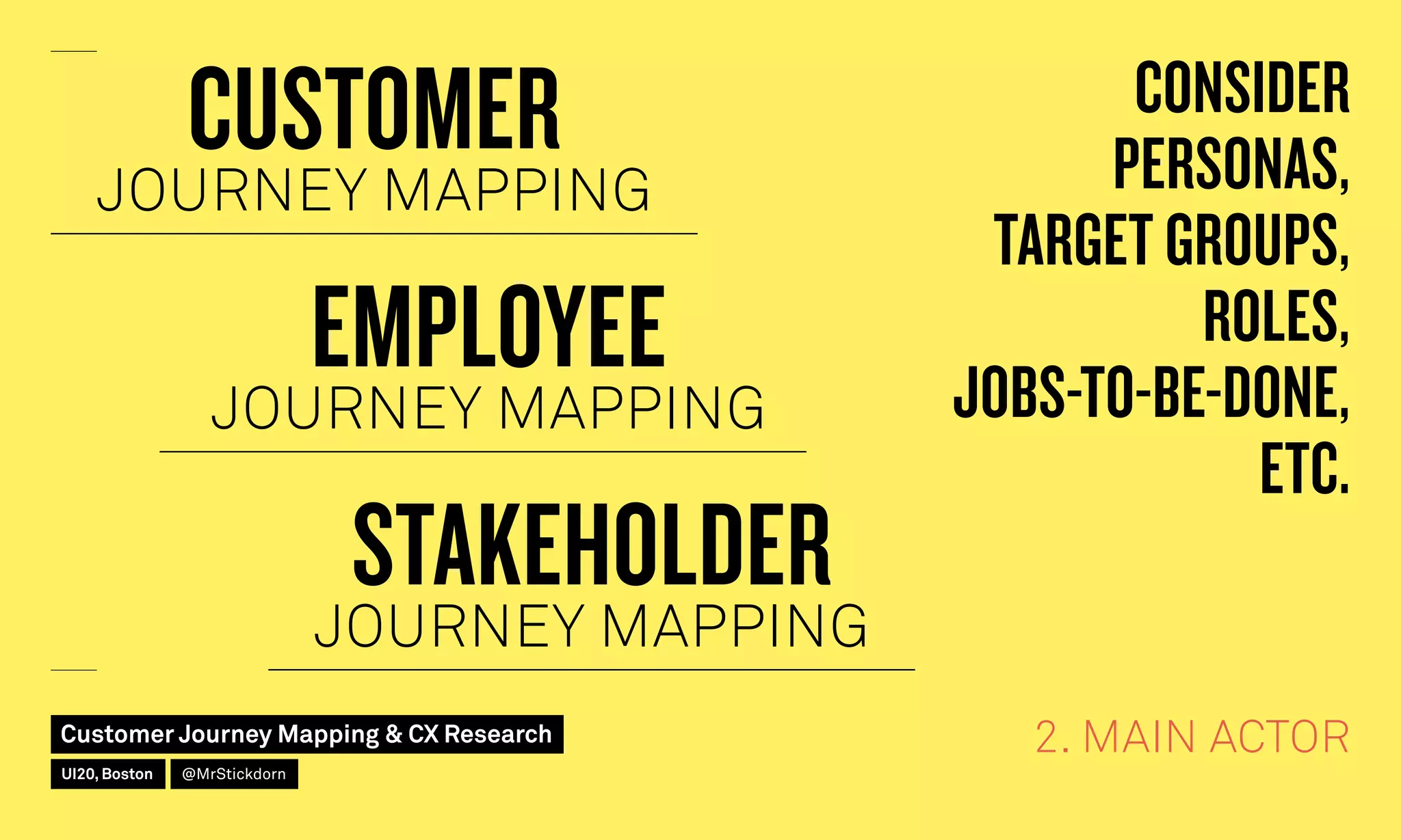 2. MAIN ACTOR
CONSIDER
PERSONAS,
TARGET GROUPS,
ROLES,
JOBS-TO-BE-DONE,
ETC.
CUSTOMER
JOURNEY MAPPING
EMPLOYEE
JOURNEY MAPPING
STAKEHOLDER
JOURNEY MAPPING
Customer Journey Mapping  CX Research
UI20, Boston @MrStickdorn
 