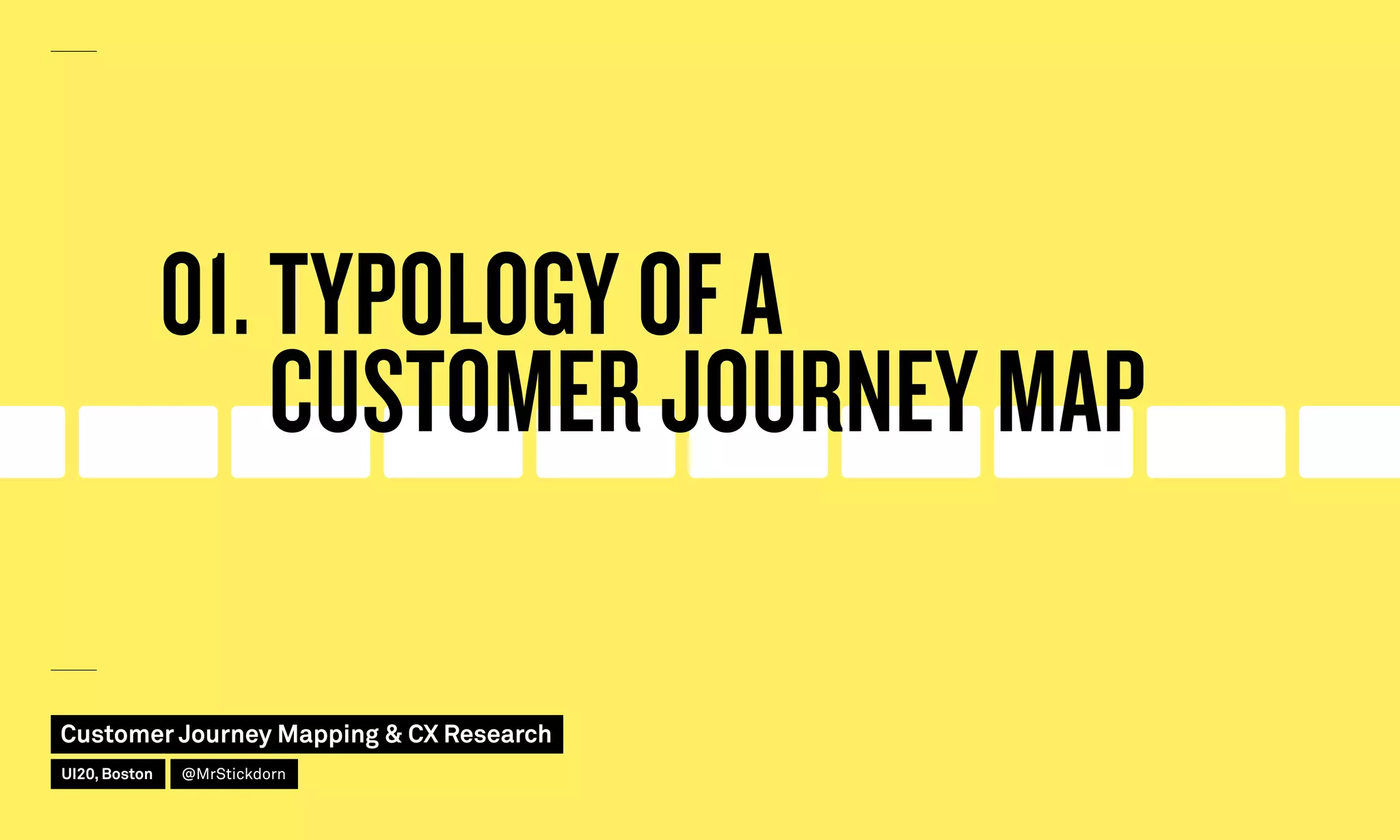 01. TYPOLOGY OF A
CUSTOMER JOURNEY MAP
Customer Journey Mapping  CX Research
UI20, Boston @MrStickdorn
 