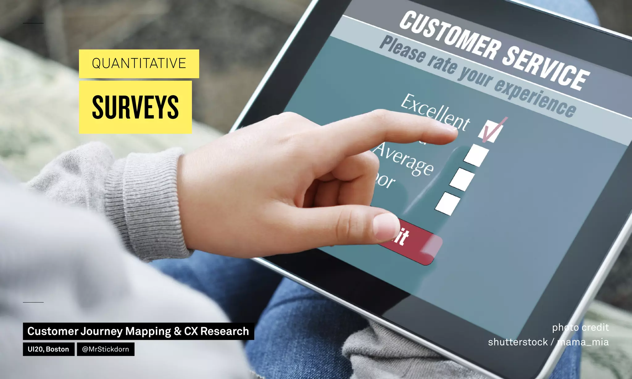 SURVEYS
photo credit
shutterstock / mama_mia
QUANTITATIVE
Customer Journey Mapping  CX Research
UI20, Boston @MrStickdorn
 