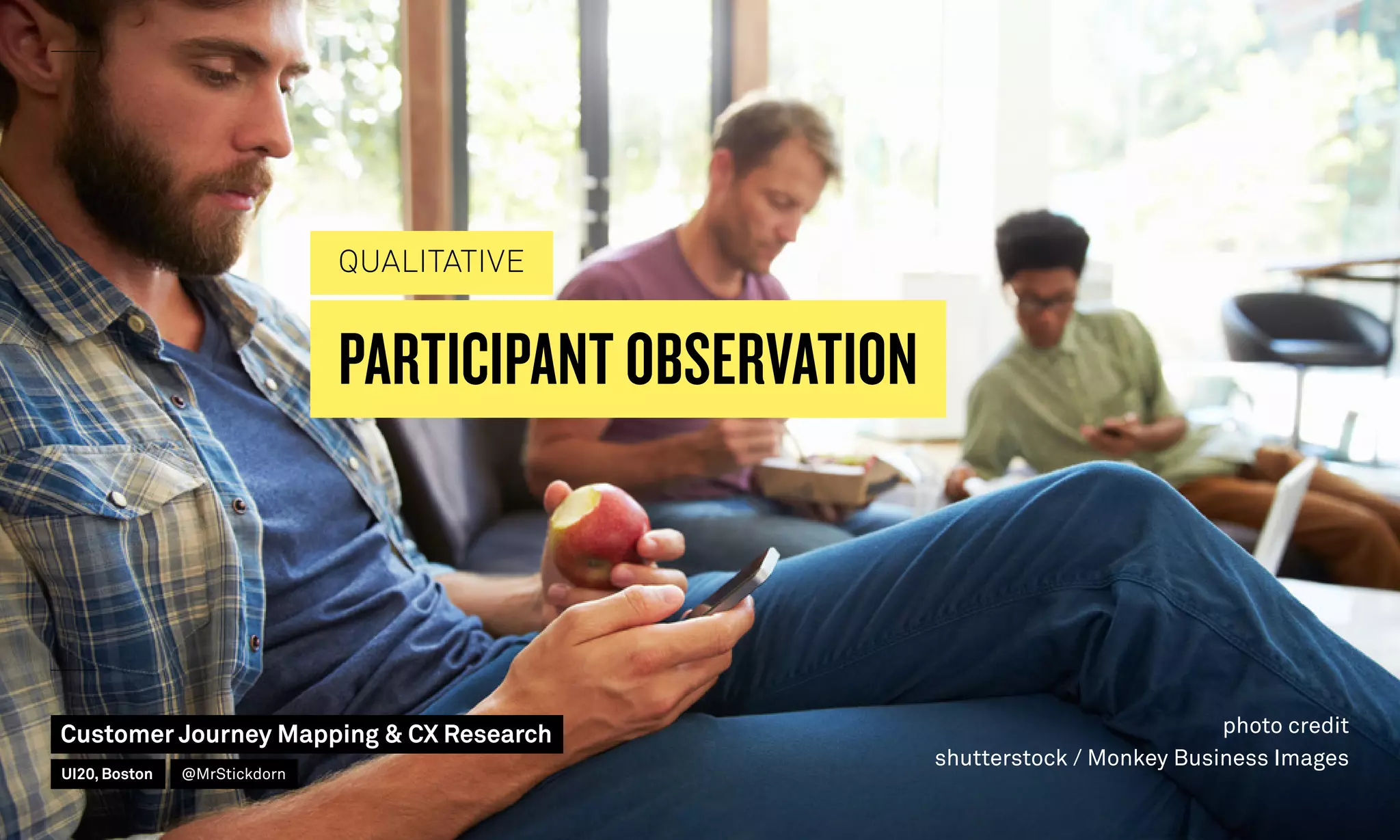 PARTICIPANT OBSERVATION
QUALITATIVE
photo credit
shutterstock / Monkey Business Images
Customer Journey Mapping  CX Research
UI20, Boston @MrStickdorn
 