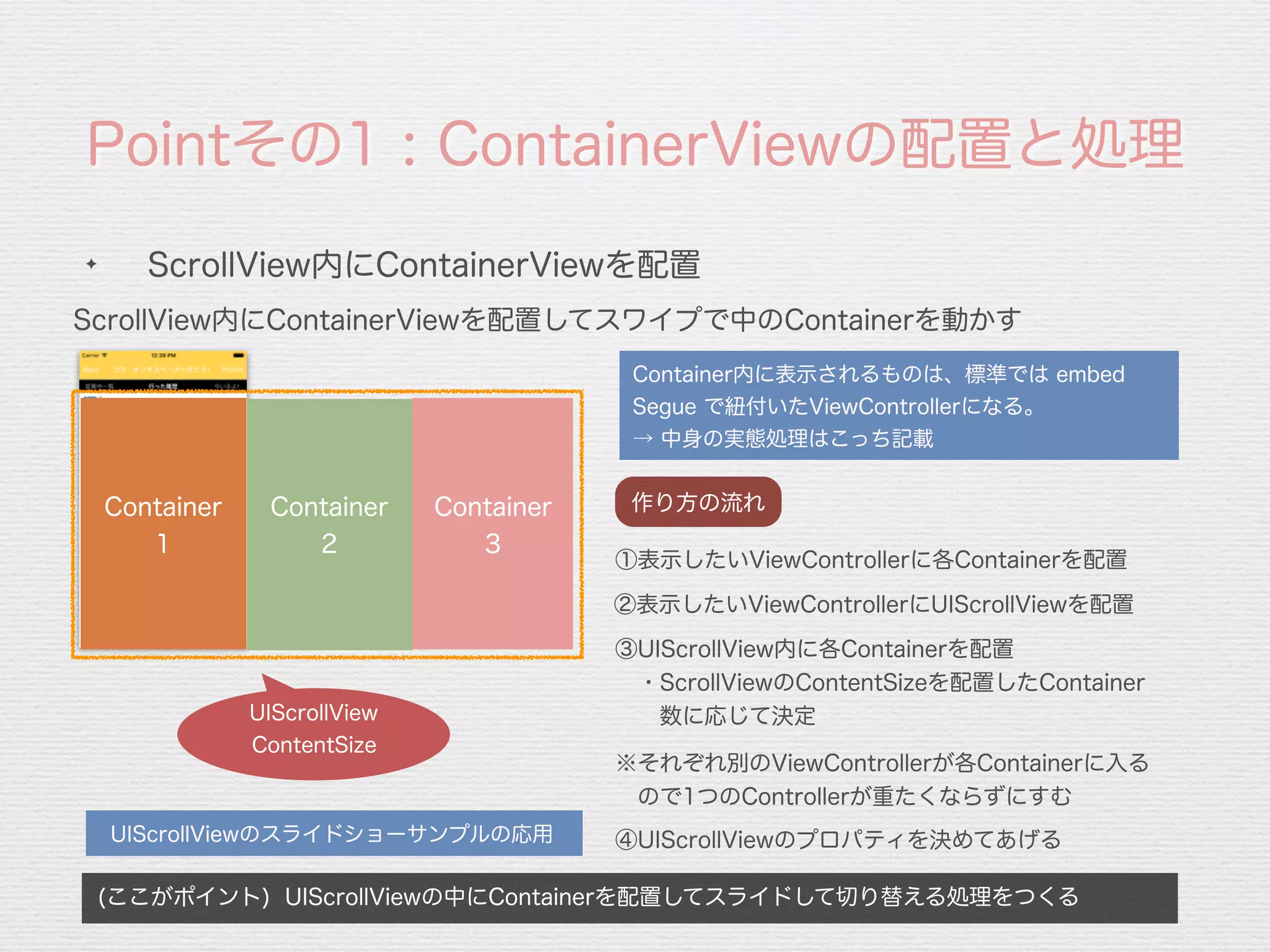 Pointその1 : ContainerViewの配置と処理
ScrollView内にContainerViewを配置してスワイプで中のContainerを動かす
(ここがポイント) UIScrollViewの中にContainerを配置してスライドして切り替える処理をつくる
✦
ScrollView内にContainerViewを配置
①表示したいViewControllerに各Containerを配置
②表示したいViewControllerにUIScrollViewを配置
③UIScrollView内に各Containerを配置
 ・ScrollViewのContentSizeを配置したContainer
  数に応じて決定
作り方の流れ
UIScrollViewのスライドショーサンプルの応用
Container
1
UIScrollView
ContentSize
Container
2
Container
3
※それぞれ別のViewControllerが各Containerに入る
 ので1つのControllerが重たくならずにすむ
④UIScrollViewのプロパティを決めてあげる
Container内に表示されるものは、標準では embed
Segue で紐付いたViewControllerになる。
→ 中身の実態処理はこっち記載
 