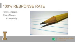 100% RESPONSE RATE
Pencil and paper.
Show of hands.
No anonymity.
 