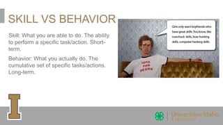 SKILL VS BEHAVIOR
Skill: What you are able to do. The ability
to perform a specific task/action. Short-
term.
Behavior: What you actually do. The
cumulative set of specific tasks/actions.
Long-term.
 