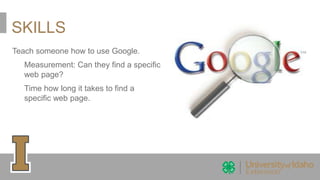 SKILLS
Teach someone how to use Google.
Measurement: Can they find a specific
web page?
Time how long it takes to find a
specific web page.
 