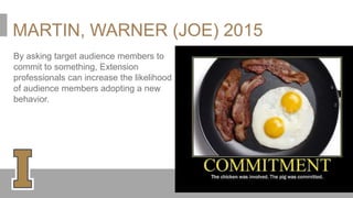 MARTIN, WARNER (JOE) 2015
By asking target audience members to
commit to something, Extension
professionals can increase the likelihood
of audience members adopting a new
behavior.
 