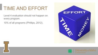 TIME AND EFFORT
Level 4 evaluation should not happen on
every program.
10% of all programs (Phillips, 2012).
 