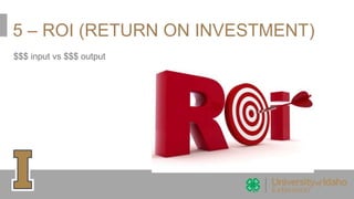 5 – ROI (RETURN ON INVESTMENT)
$$$ input vs $$$ output
 