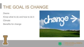THE GOAL IS CHANGE
Desire
Know what to do and how to do it
Climate
Benefits for change
 