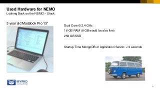 6
3 year old MacBook Pro 13”
 Second level
– Third level
Used Hardware for NEMO
Looking Back on the NEMO – Stack
Dual Core i5 2,4 GHz
16 GB RAM (8 GB would be also fine)
256 GB SSD
Startup Time MongoDB or Application Server: < 2 seconds
 