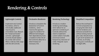 Rendering & Controls
Lightweight Controls
Implement new Control
foundation, which is
individually usable and
requires just a
minimalistic Core. Rework
the “bread and butter”
controls. Lightweight
Controls should replace
the similar old Control.
Allow a side-by-side usage
with the old Controls.
Declarative Renderers
Introduce a template-like
declaration of Control
renderers, which
improve the agnostic
usage of a renderer for
different technologies.
Add dependencies from
a renderer to the CSS of
the Control to allow for a
determination of
necessary CSS.
Rendering Technology
Introduce a modern
rendering technology,
which allows for an
optimal re-rendering of
Controls without the
need to implement
custom setters manually
(minimize Control
footprint by reduction of
code). Integrate async
rendering.
Simplified Composition
Reduce the overhead of
Control composition by
merging the indivi-dual
Control renderers and
behaviors at build time
without writing manual
glue code. Should ensure
to get rid of variations of
Controls, as of today
having 500+ Controls just
for slight diffs.
 