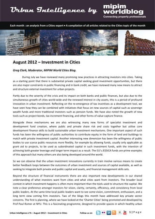 Urban Intelligence - August 2012 - Investment in Cities