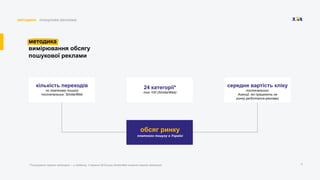 4
методика пошукова реклама
методика
вимірювання обсягу
пошукової реклами
обсяг ринку
платного пошуку в Україні
24 категорії*
топ 100 (SimilarWeb)
кількість переходів
по платному пошуку
постачальник: SimilarWeb
середня вартість кліку
постачальник:
Агенції, які працюють на
ринку performance-реклами
* Розширений перелiк категорiй — у додатку. У вереснi 2019 року SimilarWeb оновила перелiк категорiй
 