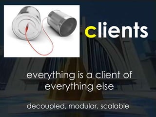 clients<br />everything is a client of everything else<br />decoupled, modular, scalable<br />