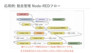 応用例: 勤怠管理 Node-REDフロー
細々としたデータ操作はなるべくNode-REDフローでやる
そうすればフロントエンドのソースコードがシンプルになる
 