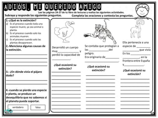 Adiós, mi querido amigo
10
Lee las páginas 24-27 de tu libro de lecturas y realiza las siguientes actividades.
1.-¿Qué es la extinción?
a) Es el proceso cuando toda una
especie muere, ya sea animal o
planta.
b) Es el proceso cuando solo los
animales mueren.
c) Es el proceso cuando solo las
plantas desaparecen.
2.-Menciona algunas causas de
la extinción.
___________________________
___________________________
___________________________
___________________________
3.- ¿En dónde vivía el pájaro
dodo?
___________________________
___________________________
4.-cuando se pierde una especie
o planta, se produce un
desequilibrio que no sabemos si
el planeta pueda soportar.
Subraya y responde las siguientes preguntas.
Desarrolló un cuerpo
muy______________ y
perdió la capacidad de
____________.
¿Qué ocasionó su
extinción?
___________________
___________________
___________________
___________________
___________________
___________________
___________________
___________________
___________________
___________________
___________________
Se contaba que protegían a
las _____________del
peligro.
Era originario de_________
______________________.
¿Qué ocasionó su
extinción?
___________________
___________________
___________________
___________________
___________________
___________________
___________________
___________________
___________________
___________________
Ella pertenecía a una
especie de _________
___________que vivía
En los _____________
___________, en la
frontera entre España
y_____________.
¿Qué ocasionó su
extinción?
___________________
___________________
___________________
___________________
___________________
___________________
___________________
___________________
___________________
verdadero falso
Completa las oraciones y contesta las preguntas.
 