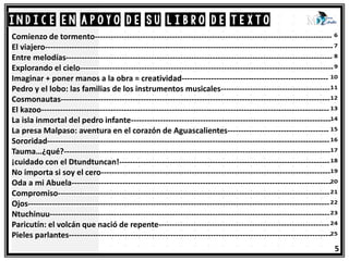 ÍNDICE en apoyo de su libro de texto
5
Comienzo de tormento-----------------------------------------------------------------------------------------
El viajero------------------------------------------------------------------------------------------------------------
Entre melodías----------------------------------------------------------------------------------------------------
Explorando el cielo-----------------------------------------------------------------------------------------------
Imaginar + poner manos a la obra = creatividad-------------------------------------------------------
Pedro y el lobo: las familias de los instrumentos musicales-----------------------------------------
Cosmonautas-----------------------------------------------------------------------------------------------------
El kazoo------------------------------------------------------------------------------------------------------------
La isla inmortal del pedro infante---------------------------------------------------------------------------
La presa Malpaso: aventura en el corazón de Aguascalientes--------------------------------------
Sororidad----------------------------------------------------------------------------------------------------------
Tauma…¿qué?----------------------------------------------------------------------------------------------------
¡cuidado con el Dtundtuncan!-------------------------------------------------------------------------------
No importa si soy el cero--------------------------------------------------------------------------------------
Oda a mi Abuela-------------------------------------------------------------------------------------------------
Compromiso------------------------------------------------------------------------------------------------------
Ojos-----------------------------------------------------------------------------------------------------------------
Ntuchinuu---------------------------------------------------------------------------------------------------------
Paricutín: el volcán que nació de repente----------------------------------------------------------------
Pieles parlantes--------------------------------------------------------------------------------------------------
 
