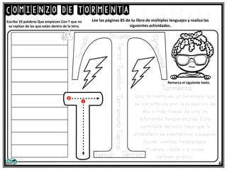 Comienzo de tormenta
6
Lee las páginas 85 de tu libro de múltiples lenguajes y realiza las
siguientes actividades.
Escribe 10 palabras Que empiecen Con T que no
se repitan de las que están dentro de la letra.
Trueno
Terco
Temblor
Terremoto
Temor Terror
Tierra
Una tormenta es un fenómeno que
se caracteriza por la presencia de
dos o más masas de aire de
diferentes temperaturas. Este
contraste térmico hace que la
atmósfera se inestabilice, causando
lluvias, vientos, relámpagos,
truenos, rayos y a veces
también granizo.
Remarca el siguiente texto.
Tormenta
 