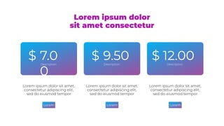 Lorem ipsum dolor
sit amet consectetur
$ $ $
7.0
0
9.50 12.00
Description Description Description
Lorem ipsum dolor sit amet,
consectetur adipiscing elit,
sed do eiusmod tempor
Lorem ipsum dolor sit amet,
consectetur adipiscing elit,
sed do eiusmod tempor
Lorem ipsum dolor sit amet,
consectetur adipiscing elit,
sed do eiusmod tempor
Lorem Lorem Lorem
 