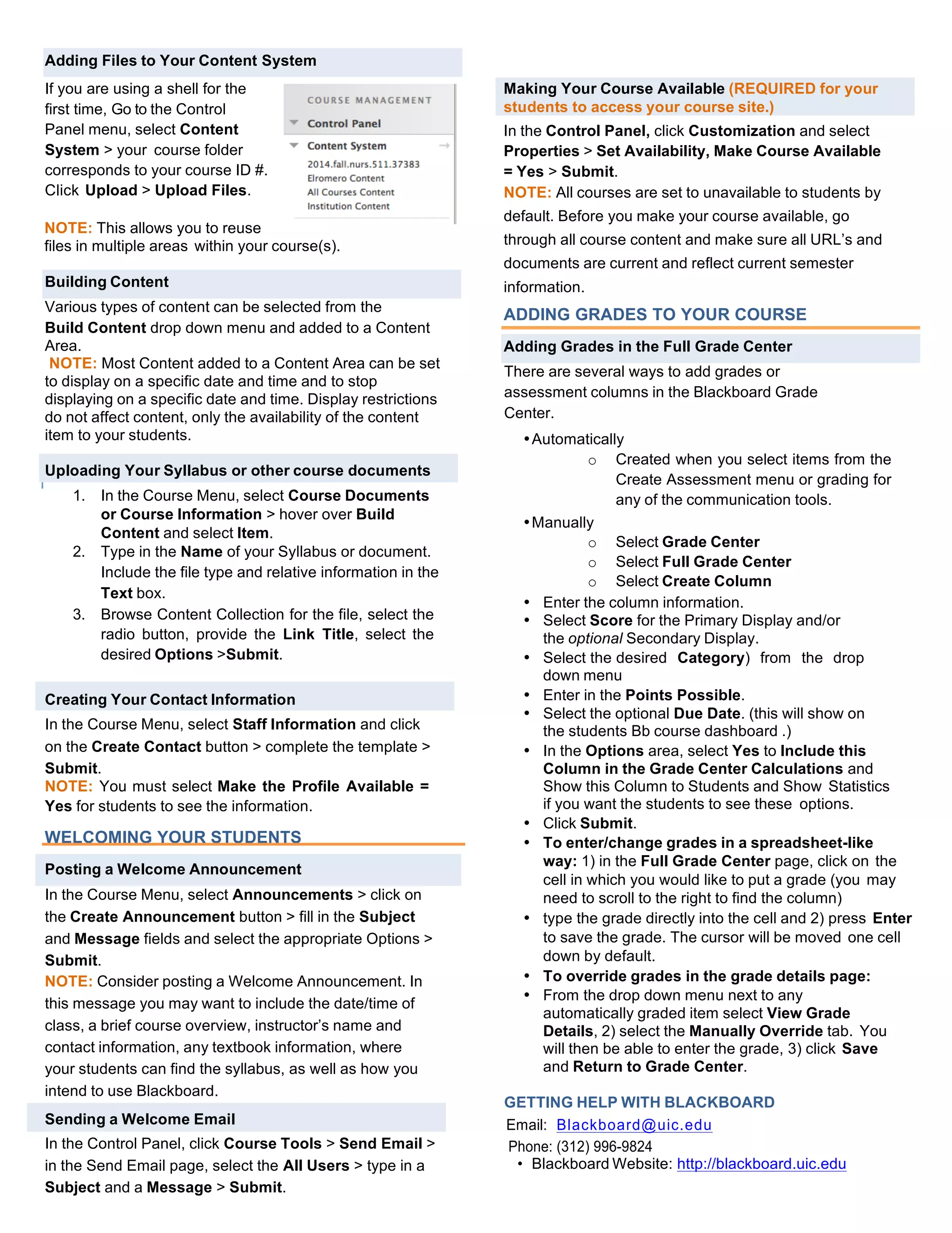 UIC Blackboard Learn Quick Start Guide | PDF