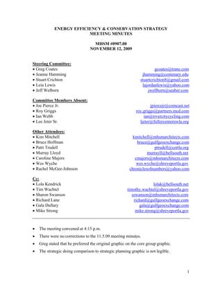 ENERGY EFFICIENCY & CONSERVATION STRATEGY
                         MEETING MINUTES

                                   MHSM #0907.00
                                 NOVEMBER 12, 2009


Steering Committee:
• Greg Coates                                                           gcoates@trane.com
• Jeanne Hamming                                                jhamming@centenary.edu
• Stuart Crichton                                              stuartcrichton8@gmail.com
• Leia Lewis                                                    lajordanlewis@yahoo.com
• Jeff Welborn                                                     jwellborn@seaber.com

Committee Members Absent:
• Joe Pierce Jr.                                                    jpiercejr@comcast.net
• Roy Griggs                                                roy.griggs@partners.mcd.com
• Ian Webb                                                      ian@rivercitycycling.com
• Lee Jeter Sr.                                               ljeter@fullercenternwla.org

Other Attendees:
• Kim Mitchell                                            kmitchell@mhsmarchitects.com
• Bruce Hoffman                                             bruce@gulfgeoexchange.com
• Patti Trudell                                                       ptrudell@certla.org
• Murray Lloyd                                                    murrayll@bellsouth.net
• Caroline Majors                                          cmajors@mhsmarchitects.com
• Wes Wyche                                                 wes.wyche@shreveportla.gov
• Rachel McGee-Johnson                                  chroniclesofnumbers@yahoo.com

Cc:
• Lola Kendrick                                                       lolak@bellsouth.net
• Tim Wachtel                                          timothy.wachtel@shreveportla.gov
• Sharon Swanson                                          sswanson@mhsmarchitects.com
• Richard Lane                                             richard@gulfgeoexchange.com
• Gala Daftary                                                gala@gulfgeoexchange.com
• Mike Strong                                               mike.strong@shreveportla.gov



•   The meeting convened at 4:15 p.m.
•   There were no corrections to the 11.5.09 meeting minutes.
•   Greg stated that he preferred the original graphic on the core group graphic.
•   The strategic doing comparison to strategic planning graphic is not legible.



                                                                                        1
 