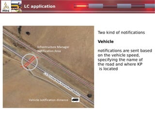 LC application
1024x500.jpg
Two kind of notifications
Vehicle
notifications are sent based
on the vehicle speed,
specifying the name of
the road and where KP
is located
 