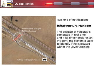 LC application
1024x500.jpg
Two kind of notifications
Infrastructure Manager
The position of vehicles is
computed in real time,
and if its driver declares an
incident, the system is able
to identify if he is located
within the Level Crossing
 
