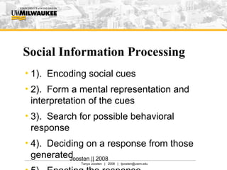Social Information Processing 1).  Encoding social cues 2).  Form a mental representation and interpretation of the cues 3).  Search for possible behavioral response 4).  Deciding on a response from those generated 5).  Enacting the response Joosten || 2008 