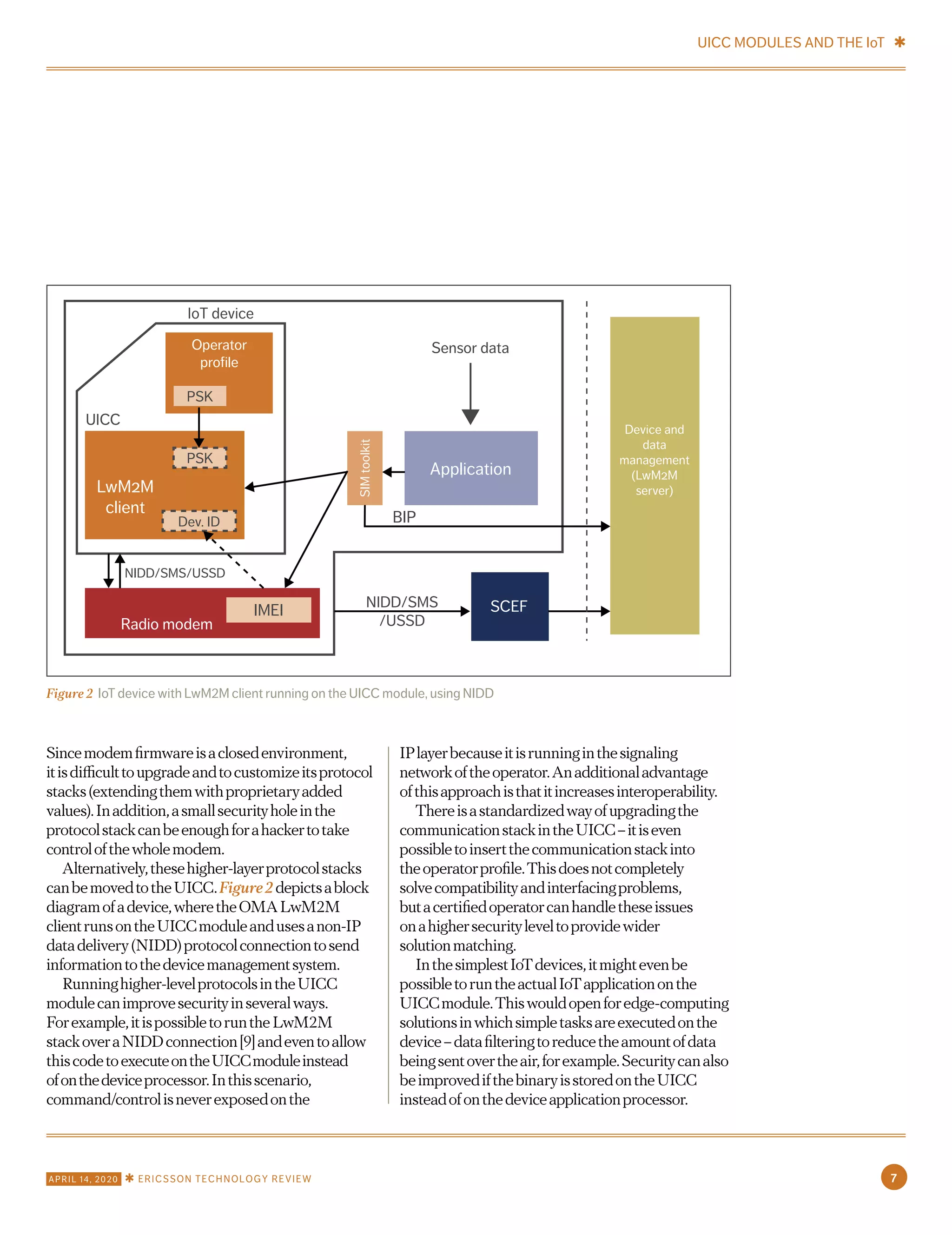 Sincemodemfirmwareisaclosedenvironment,
itisdifficulttoupgradeandtocustomizeitsprotocol
stacks(extendingthemwithproprietaryadded
values).Inaddition,asmallsecurityholeinthe
protocolstackcanbeenoughforahackertotake
controlofthewholemodem.
Alternatively,thesehigher-layerprotocolstacks
canbemovedtotheUICC.Figure2depictsablock
diagramofadevice,wheretheOMALwM2M
clientrunsontheUICCmoduleandusesanon-IP
datadelivery(NIDD)protocolconnectiontosend
informationtothedevicemanagementsystem.
Runninghigher-levelprotocolsintheUICC
modulecanimprovesecurityinseveralways.
Forexample,itispossibletoruntheLwM2M
stackoveraNIDDconnection[9]andeventoallow
thiscodetoexecuteontheUICCmoduleinstead
ofonthedeviceprocessor.Inthisscenario,
command/controlisneverexposedonthe
IPlayerbecauseitisrunninginthesignaling
networkoftheoperator.Anadditionaladvantage
ofthisapproachisthatitincreasesinteroperability.
Thereisastandardizedwayofupgradingthe
communicationstackintheUICC–itiseven
possibletoinsertthecommunicationstackinto
theoperatorprofile.Thisdoesnotcompletely
solvecompatibilityandinterfacingproblems,
butacertifiedoperatorcanhandletheseissues
onahighersecurityleveltoprovidewider
solutionmatching.
InthesimplestIoTdevices,itmightevenbe
possibletoruntheactualIoTapplicationonthe
UICCmodule.Thiswouldopenforedge-computing
solutionsinwhichsimpletasksareexecutedonthe
device–datafilteringtoreducetheamountofdata
beingsentovertheair,forexample.Securitycanalso
beimprovedifthebinaryisstoredontheUICC
insteadofonthedeviceapplicationprocessor.
Figure 2 IoT device with LwM2M client running on the UICC module, using NIDD
Application
Operator
profile
PSK
IMEI
BIP
Sensor data
IoT device
UICC
PSK
NIDD/SMS/USSD
NIDD/SMS
/USSD
Dev. ID
SCEF
Radio modem
LwM2M
client
Device and
data
management
(LwM2M
server)
SIMtoolkit
UICC MODULES AND THE IoT ✱
7APRIL 14, 2020 ✱ ERICSSON TECHNOLOGY REVIEW
 