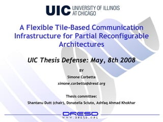 A Flexible Tile-Based Communication Infrastructure for Partial Reconfigurable Architectures BY Simone Corbetta [email_address] Thesis committee: Shantanu Dutt (chair), Donatella Sciuto, Ashfaq Ahmad Khokhar UIC Thesis Defense: May, 8th 2008 