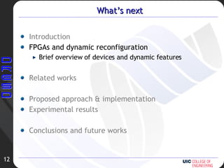 What’s next Introduction FPGAs and dynamic reconfiguration Brief overview of devices and dynamic features Related works Proposed approach & implementation Experimental results Conclusions and future works 