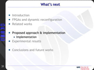 What’s next Introduction FPGAs and dynamic reconfiguration Related works Proposed approach & implementation Implementation Experimental results Conclusions and future works 
