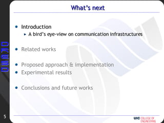 What’s next Introduction A bird’s eye-view on communication infrastructures Related works Proposed approach & implementation Experimental results Conclusions and future works 